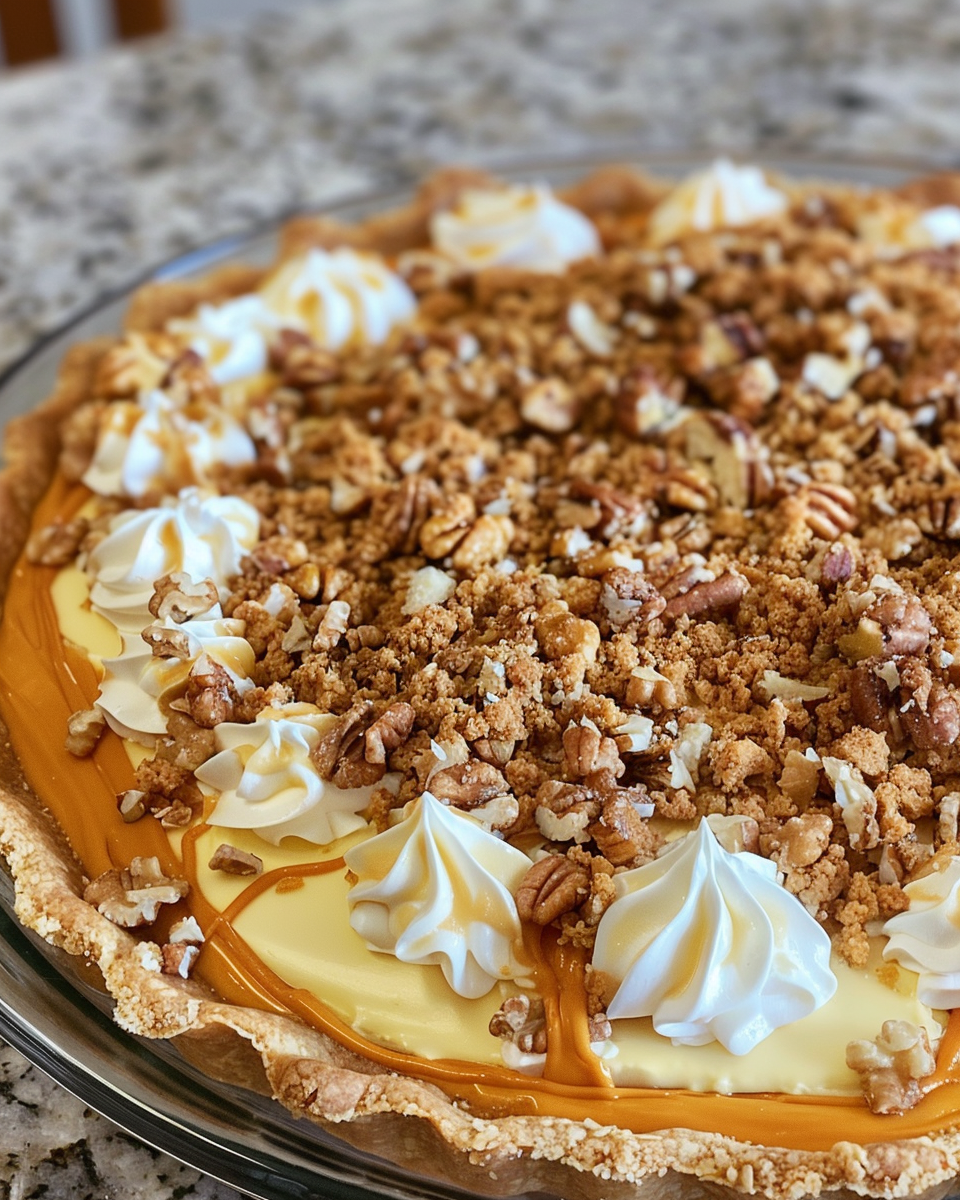 Pumpkin Cream Cheese Layer Pie With Streusel Nut Topping taken with iphone 15 pro max --iw 2 --ar 4:5 --v 6.0 --raw