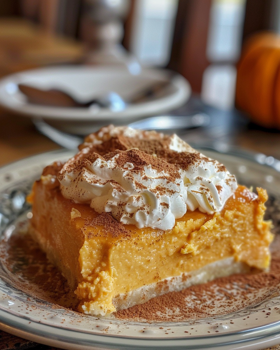 Layered pumpkin delight dessert serving with toast pecans on top