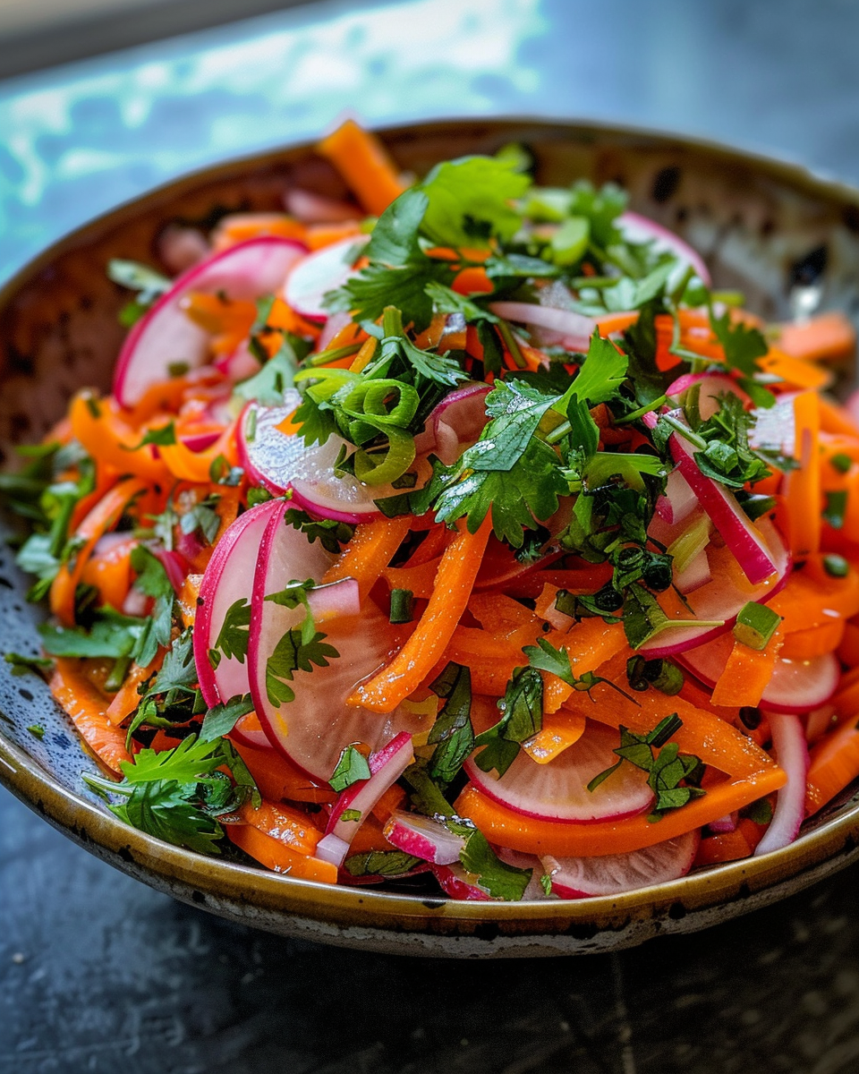 Ingredients for radish and carrot salad thinly sliced and chopped fresh