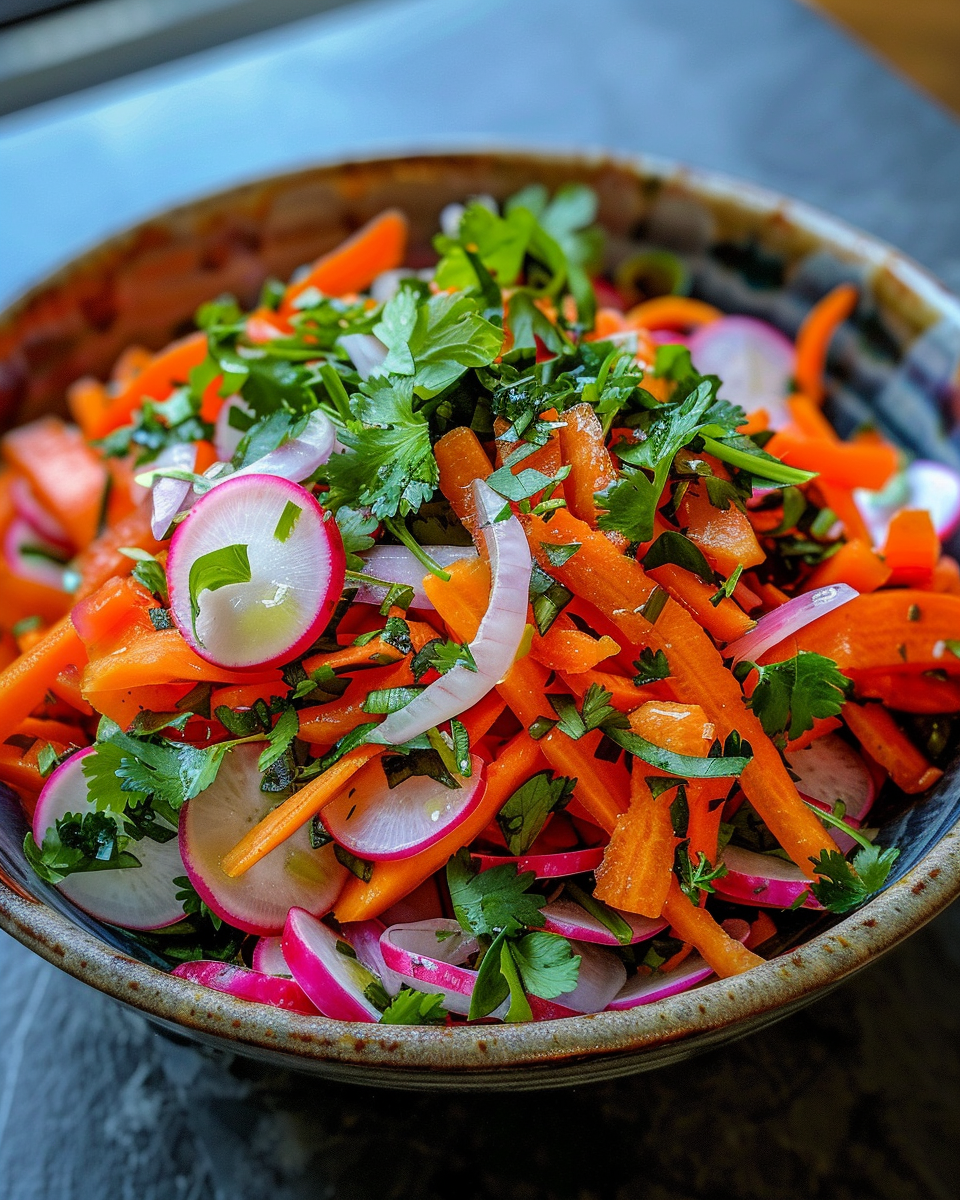 Finished radish carrot cilantro salad tossed and ready to serve