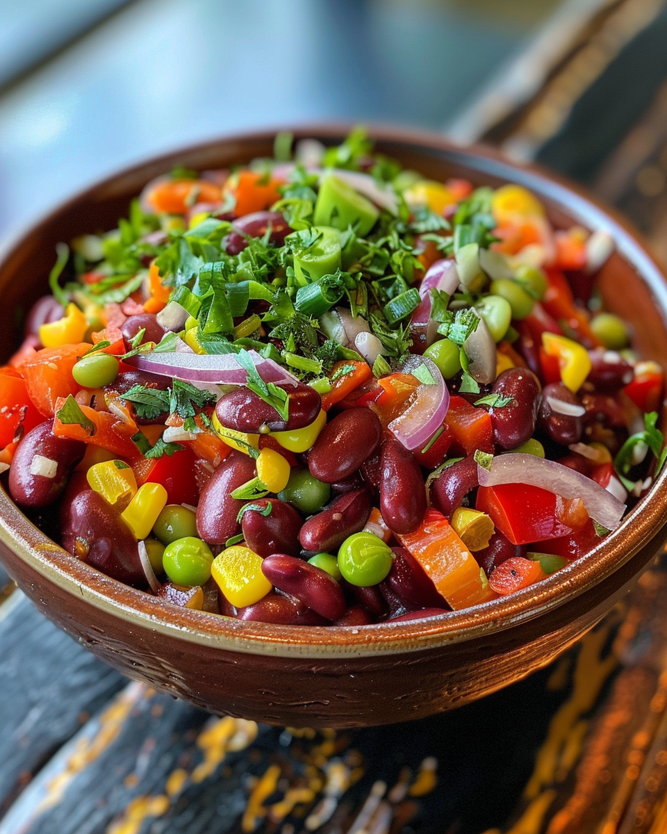 Ingredients for kidney bean and chickpea salad diced fresh vegetables herbs and spices