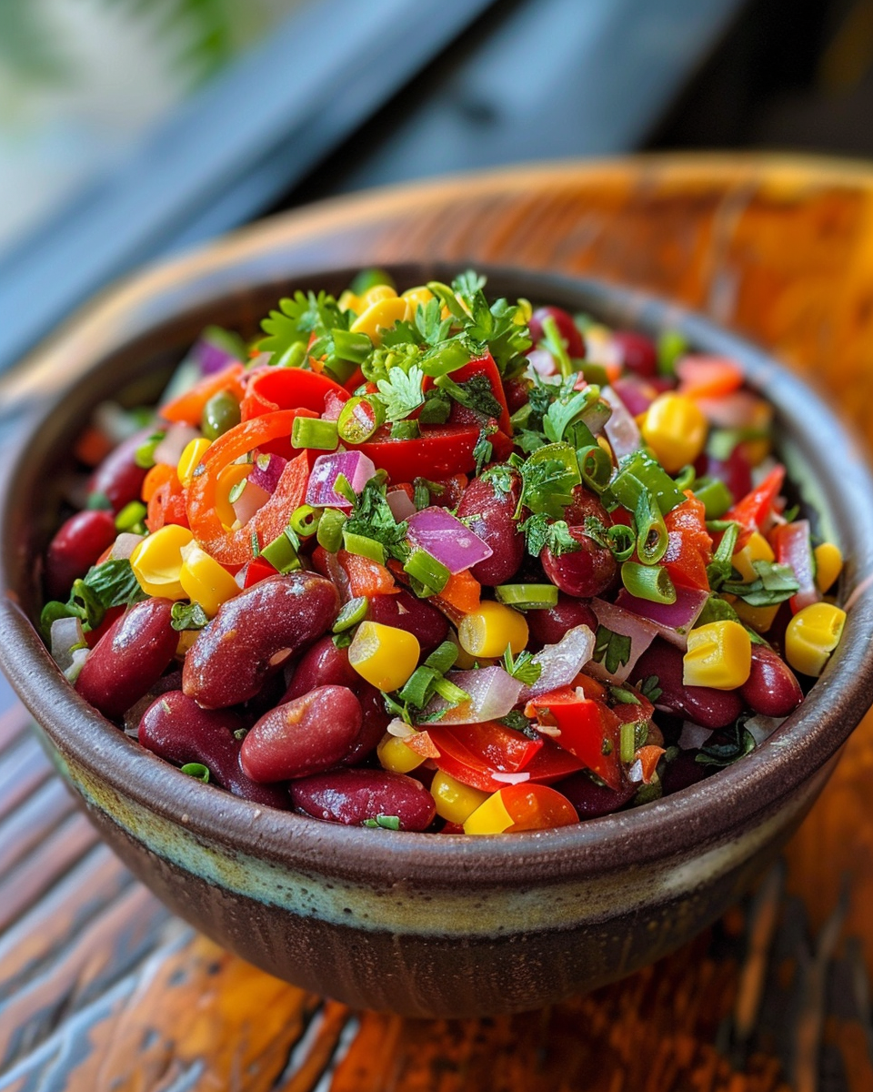 Dressing whisked and poured over red bean salad with fresh ingredients