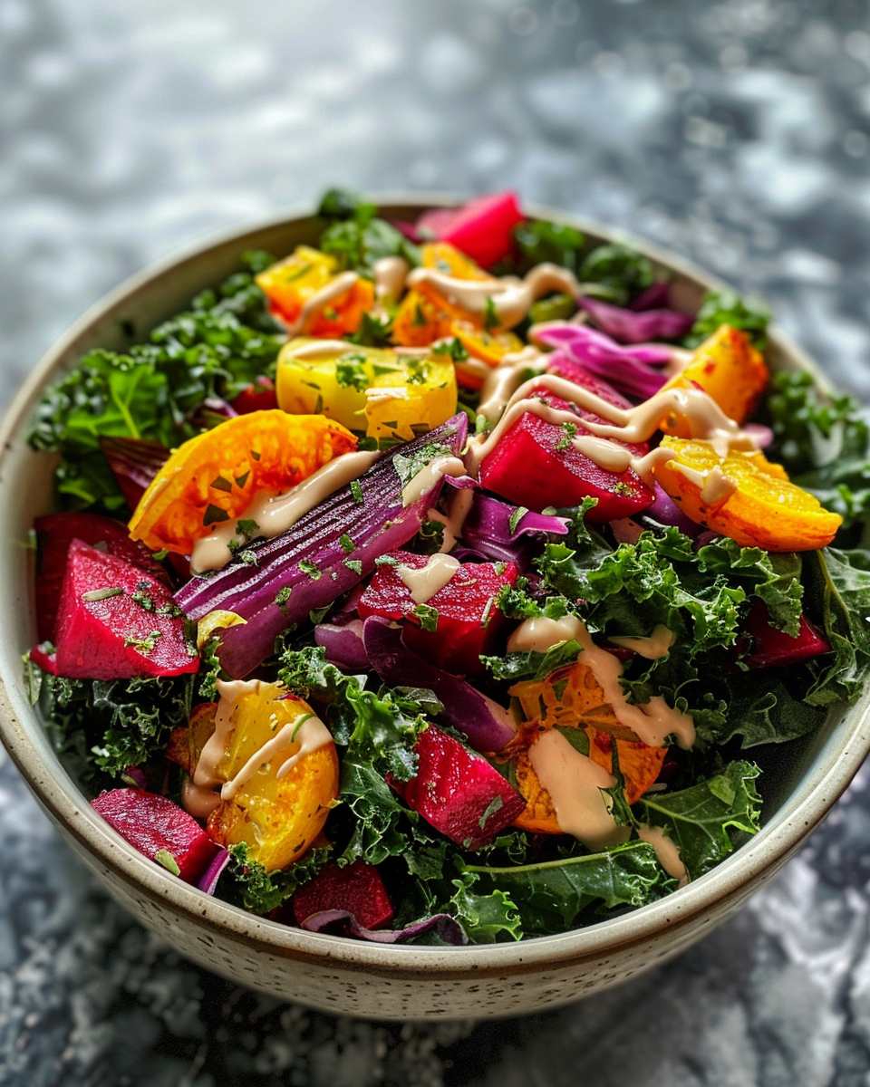 Ingredients for roasted beet and kale salad including beets, lentils, kale and dressing components