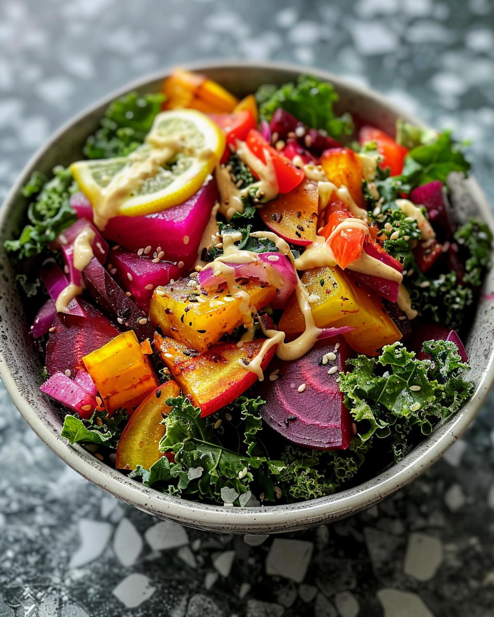 Finished roasted beet and kale salad served fresh and ready to eat