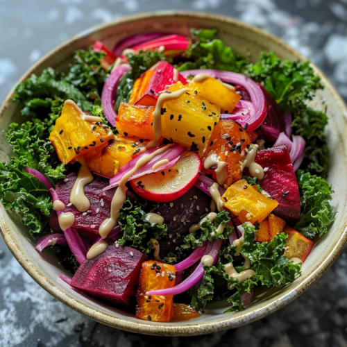 Roasted Beet And Kale Salad With Lemon Tahini Dressing taken with iphone 15 pro max --iw 2 --ar 4:5 --v 6.0 --raw