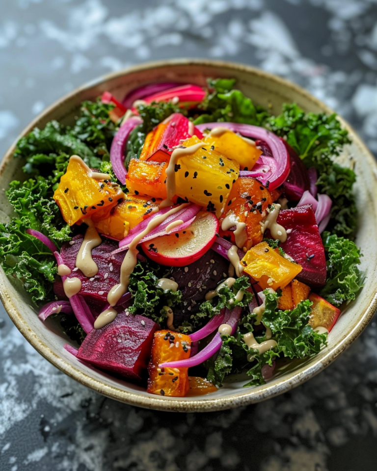 Roasted Beet And Kale Salad With Lemon Tahini Dressing taken with iphone 15 pro max --iw 2 --ar 4:5 --v 6.0 --raw