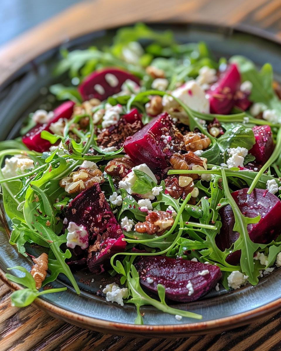 Ingredients of roasted beet and arugula salad with feta, walnuts, and dressing