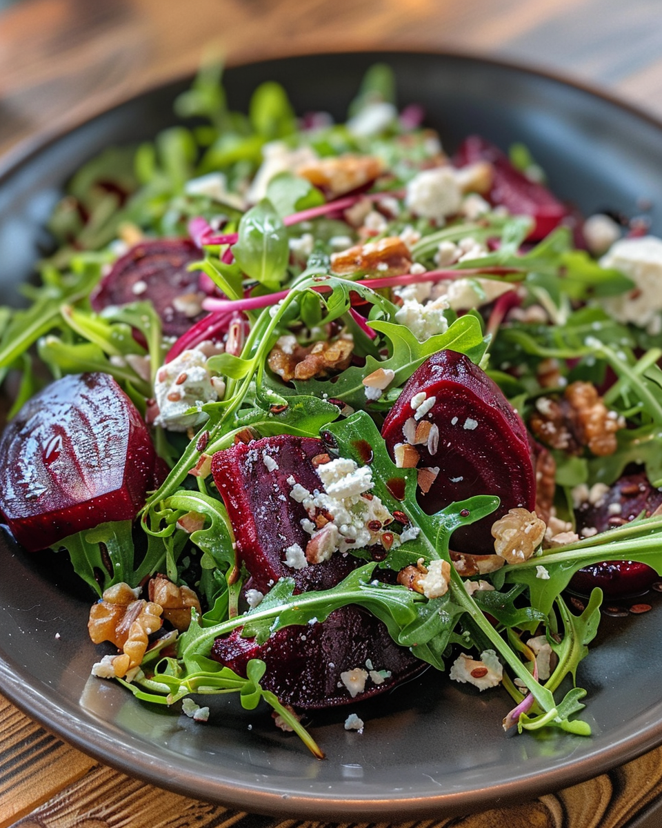Serving bowl of roasted beet and arugula salad with walnuts and feta ready to eat
