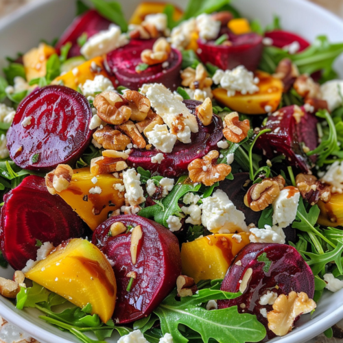 Roasted Beet & Arugula Salad With Feta And Walnuts taken with iphone 15 pro max --iw 2 --ar 4:5 --v 6.0 --raw