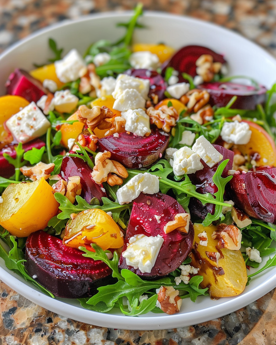 Ingredients of roasted beet and arugula salad with feta, walnuts, and dressing