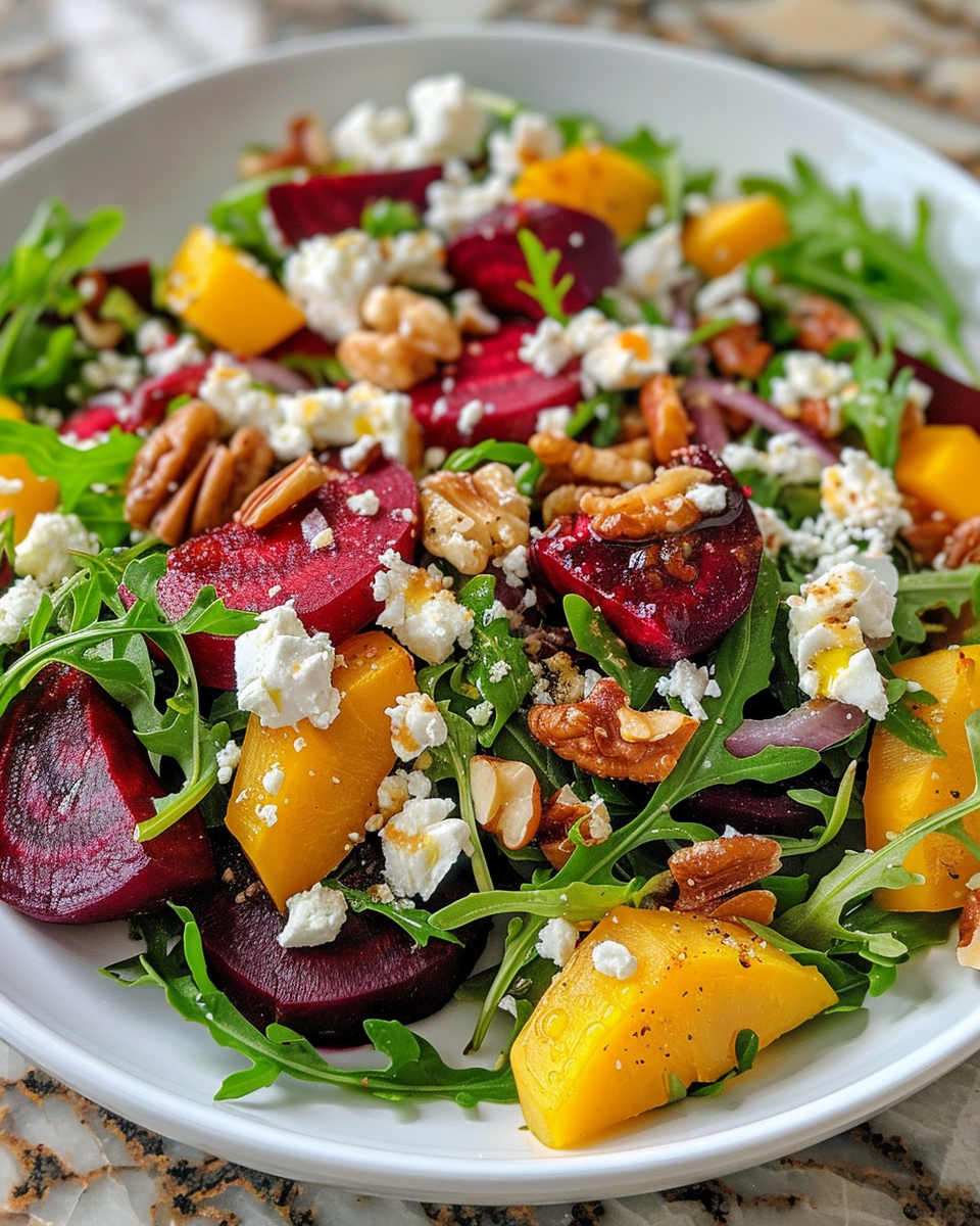 Serving bowl of roasted beet and arugula salad with walnuts and feta ready to eat