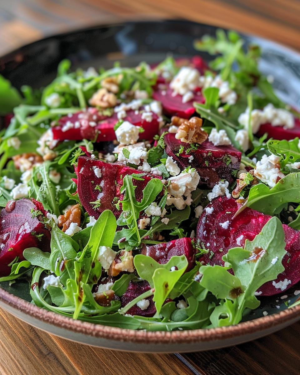 Roasted Beet & Arugula Salad With Feta And Walnuts taken with iphone 15 pro max --iw 2 --ar 4:5 --v 6.0 --raw