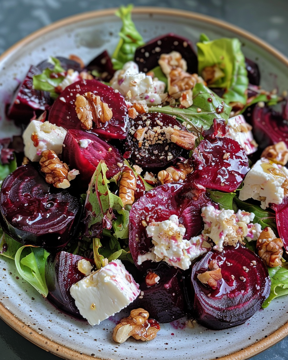 Ingredients of beetroot salad including candied walnuts and goats cheese