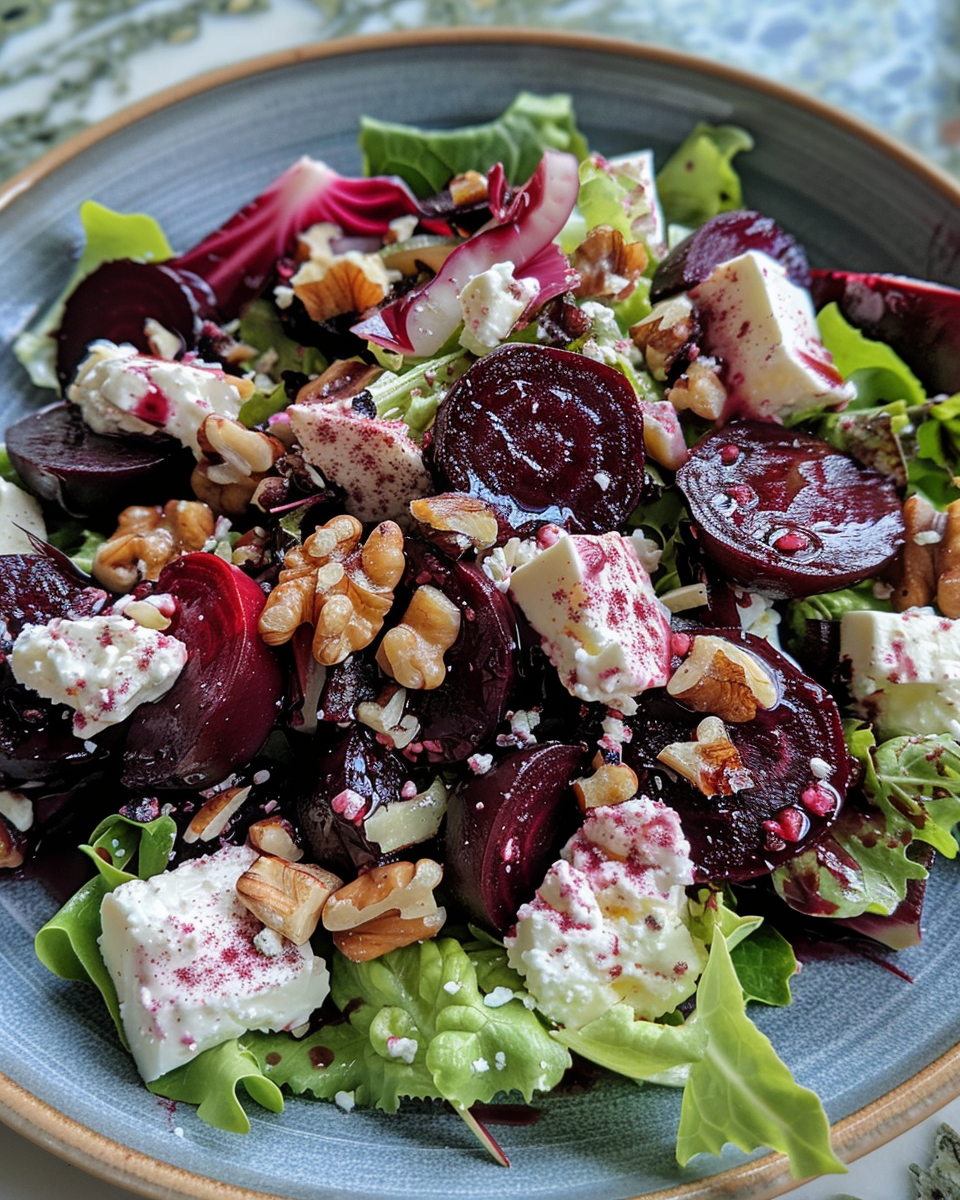 Finished roasted beetroot and goat cheese salad served fresh
