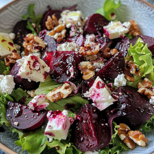 Roasted Beetroot Candied Walnut & Goats Cheese Salad taken with iphone 15 pro max --iw 2 --ar 4:5 --v 6.0 --raw