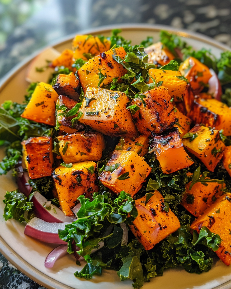 Fresh sliced delicata squash and kale prepped for roasting and massaging
