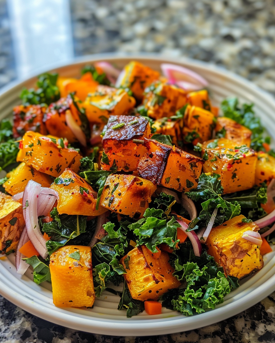 Tossed roasted delicata squash with kale in lemon-Parmesan vinaigrette