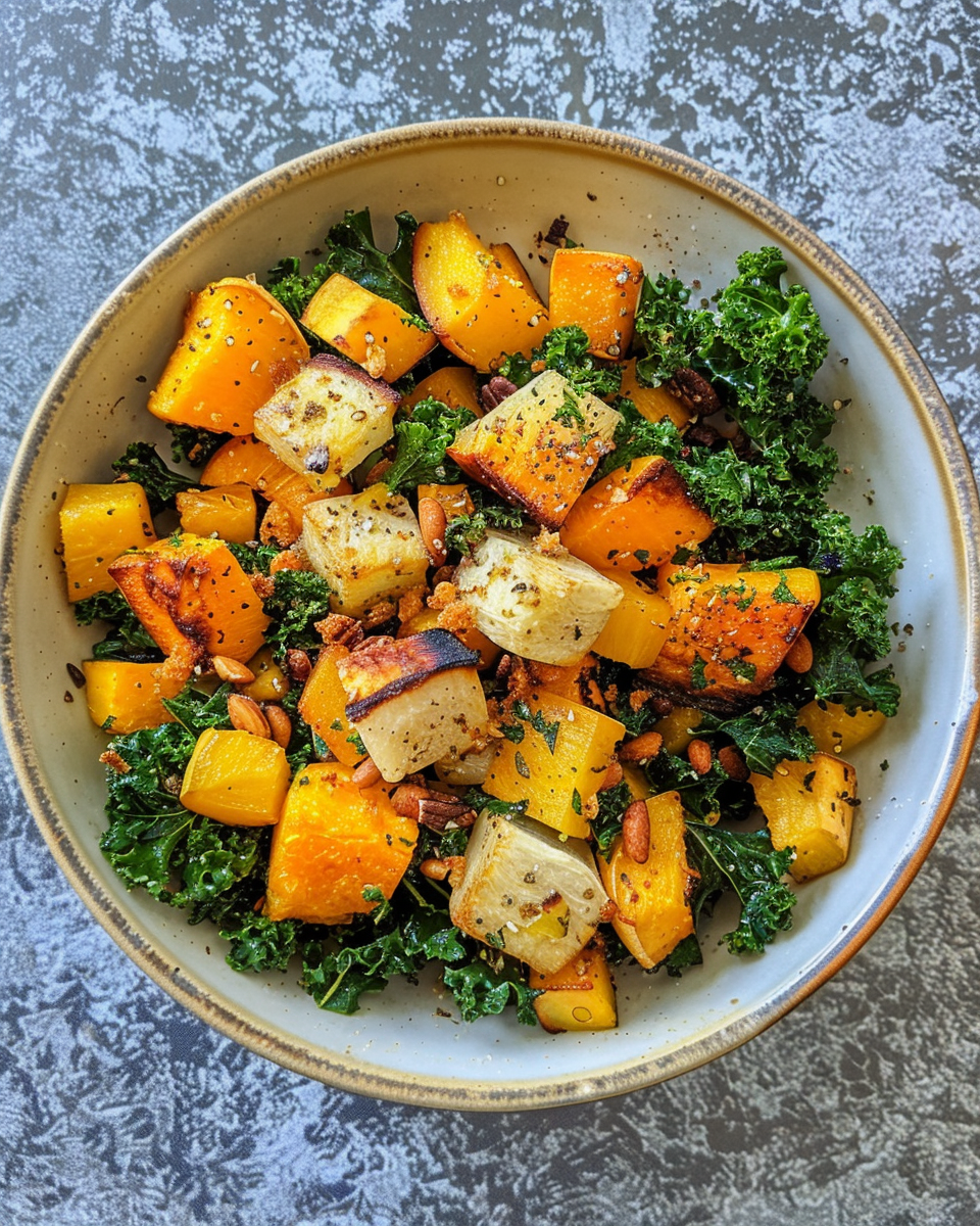 Roasted Squash And Kale Salad taken with iphone 15 pro max --iw 2 --ar 4:5 --v 6.0 --raw