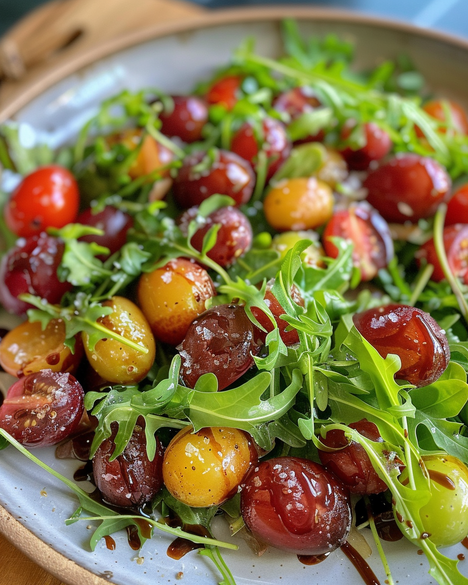 Ingredients of roasted grape and arugula salad prepped and ready to roast