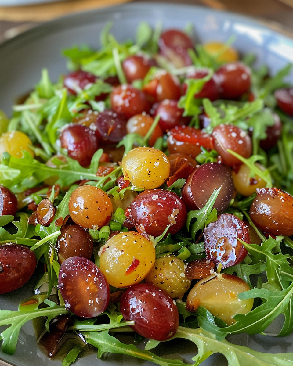 Finished roasted grape and arugula salad served in bowl