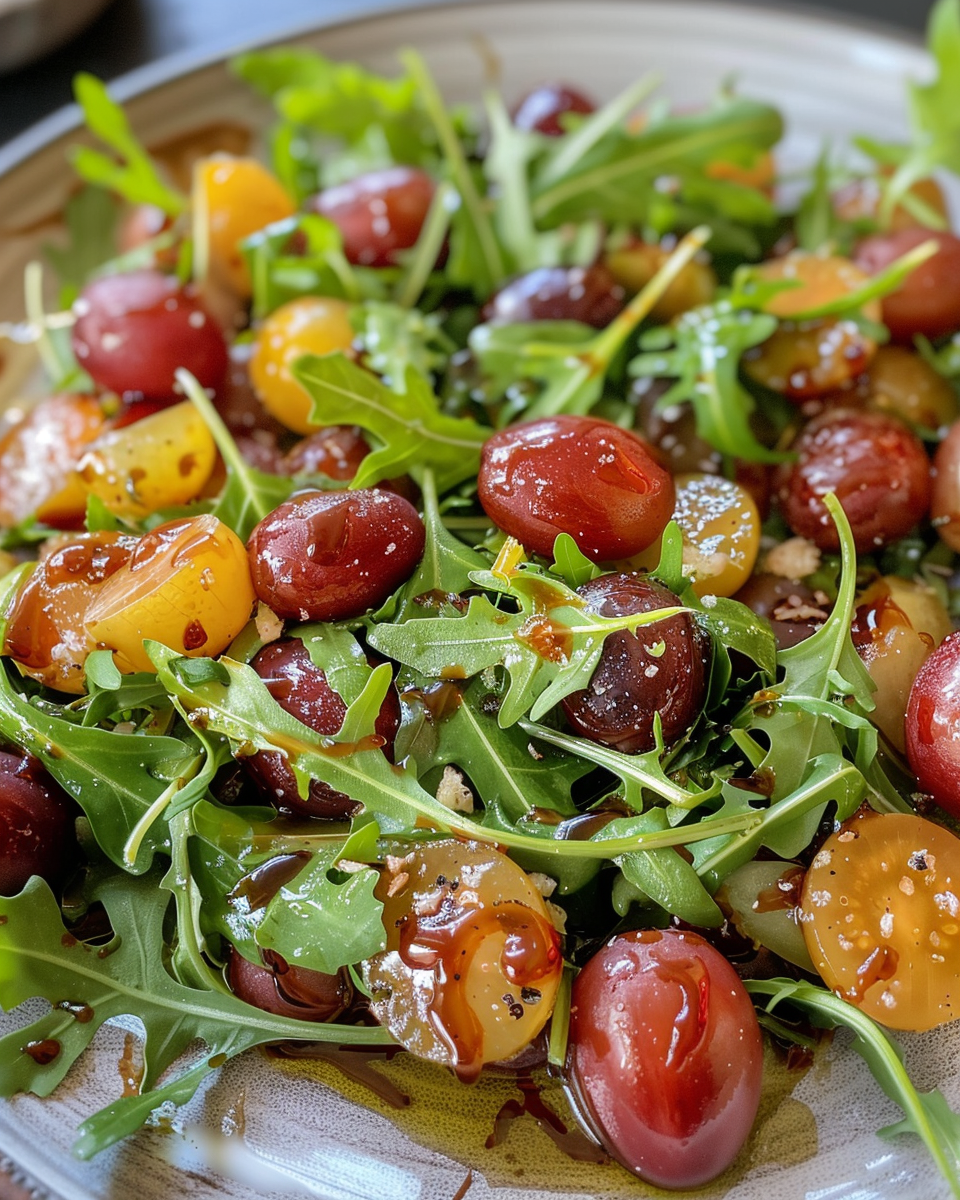 Fresh salad with roasted grapes and arugula vibrant colors and texture