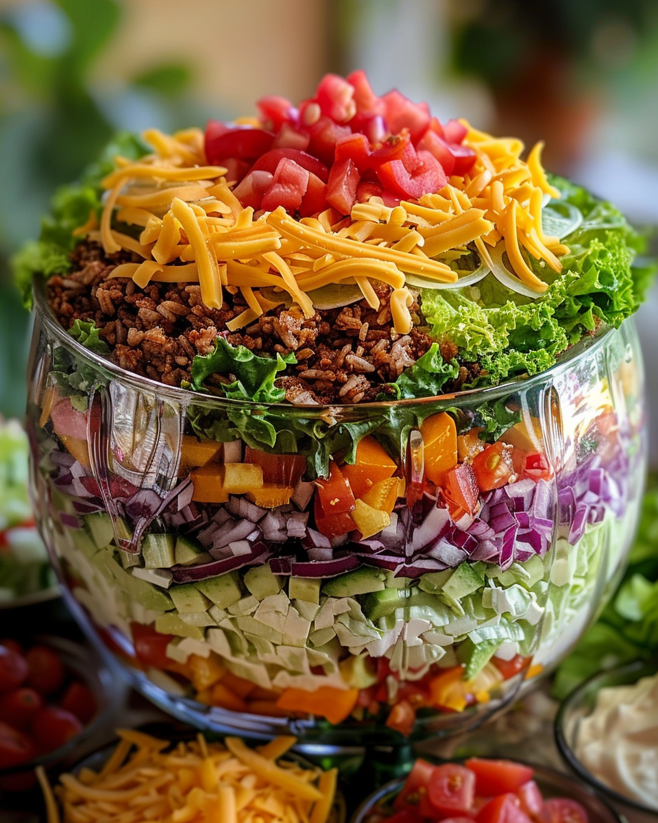 Ingredients for Seven Layer Salad including lettuce, peas, onion, eggs, bacon, cheddar, mayo