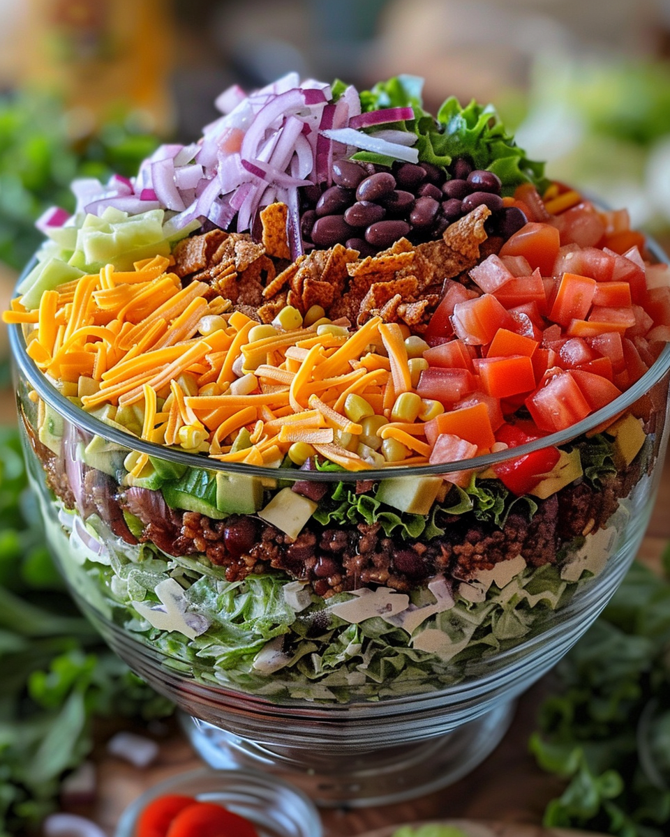 Assembled Seven Layer Salad chilling in the fridge