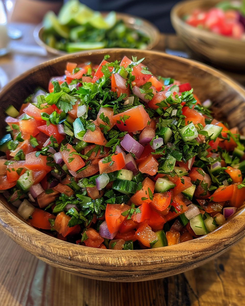 Ingredients for Salad Shirazi showing cucumbers, tomatoes, and fresh herbs