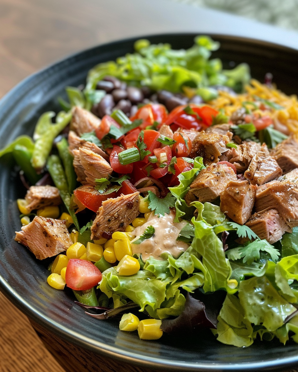 Final Southwest Salad ready to serve with avocado and tortilla strips