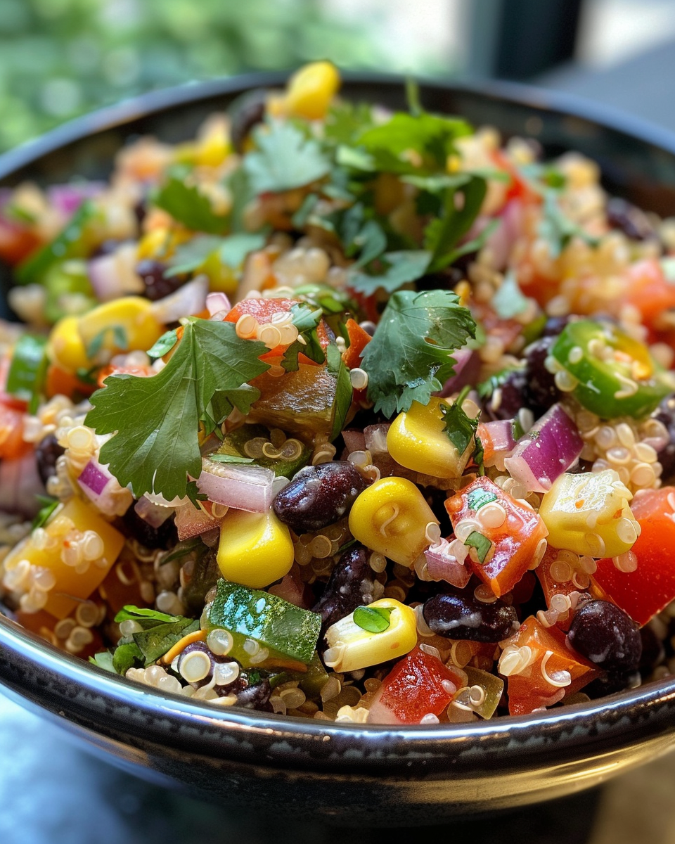Final dressed southwestern quinoa salad served with avocado slices on top