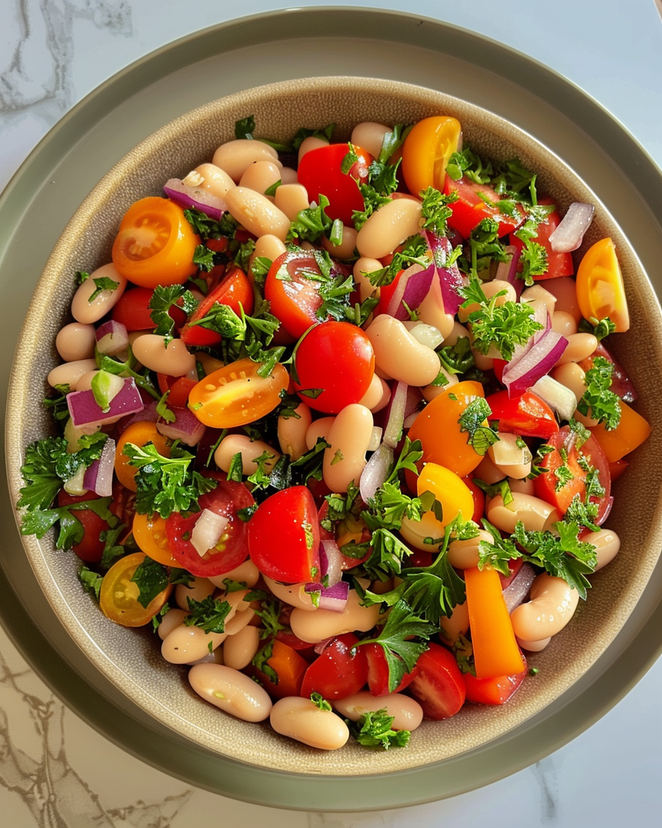 Ingredients for herby bean salad with parsley, dill, tomatoes, chickpeas, and dates