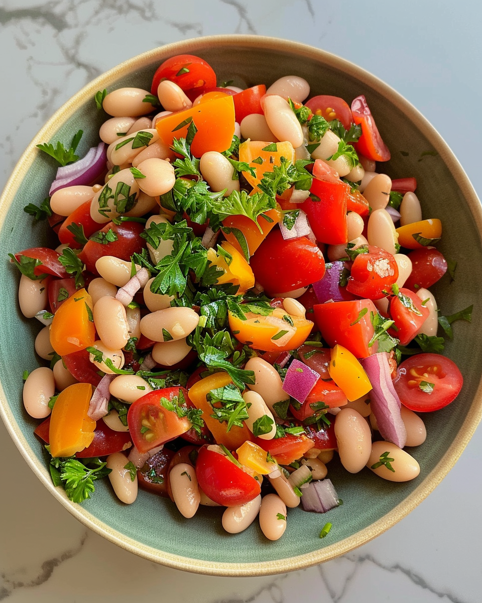 Finished herby bean salad served fresh and ready to eat