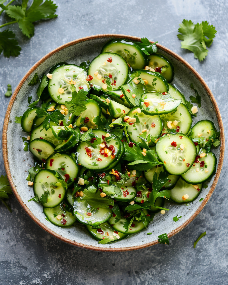Ingredients for Asian cucumber salad including thin cucumber slices and seasonings