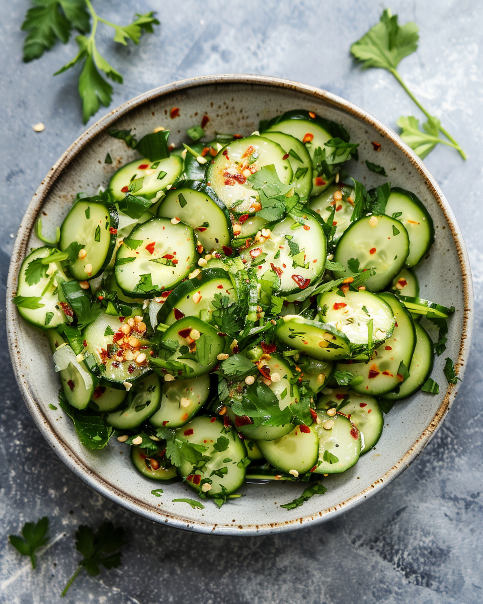 Finished spicy Asian cucumber salad served fresh and vibrant in bowl