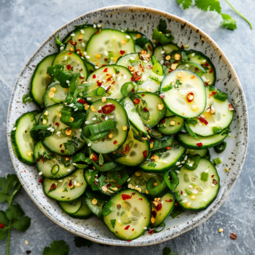 Spicy Asian Cucumber Salad taken with iphone 15 pro max --iw 2 --ar 4:5 --v 6.0 --raw