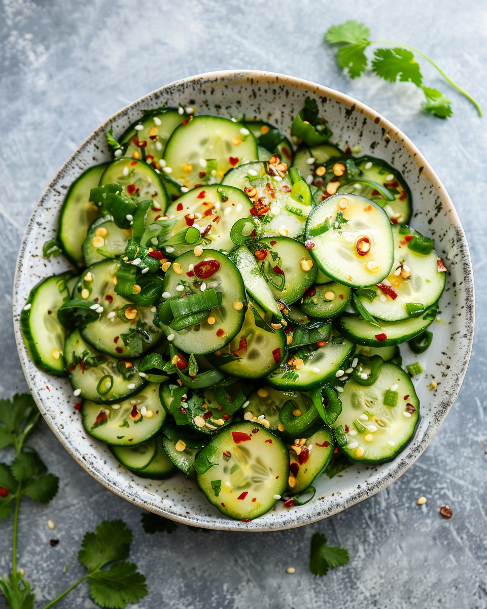 Fresh spicy Asian cucumber salad in bowl with vibrant colors