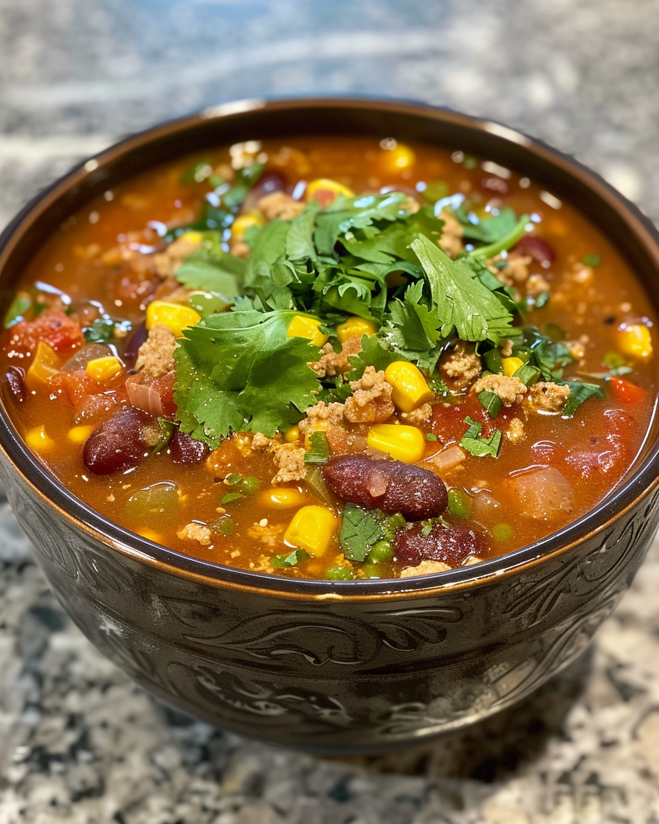 Serving bowl of finished Tex-Mex chicken soup topped with cheese, tortilla strips, and cilantro