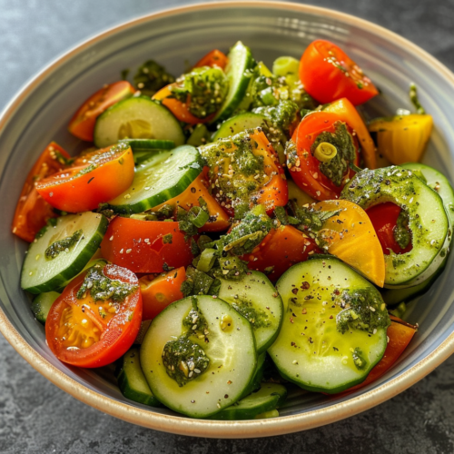 Tomato Cucumber Avocado Salad With Basil Pesto taken with iphone 15 pro max --iw 2 --ar 4:5 --v 6.0 --raw