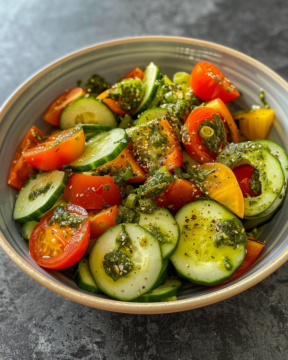Tomato cucumber avocado salad with basil pesto colorful fresh ingredients in bowl