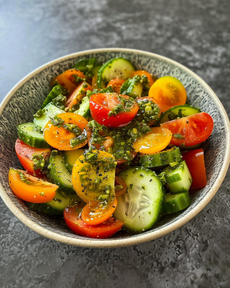 Ingredients for tomato cucumber avocado salad with basil pesto fresh cut colorful