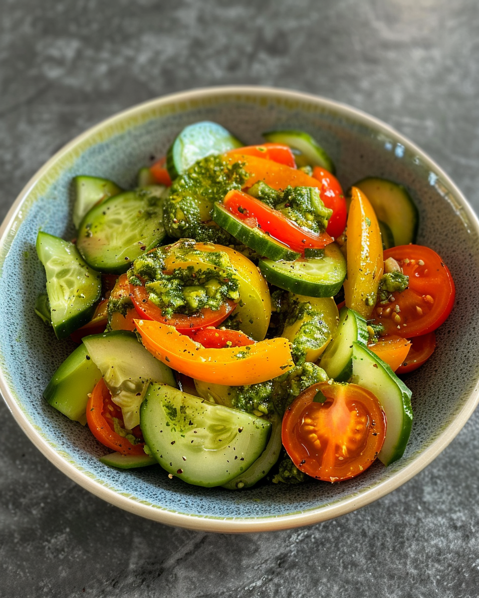 Final serving of tomato cucumber avocado salad with basil pesto fresh and inviting