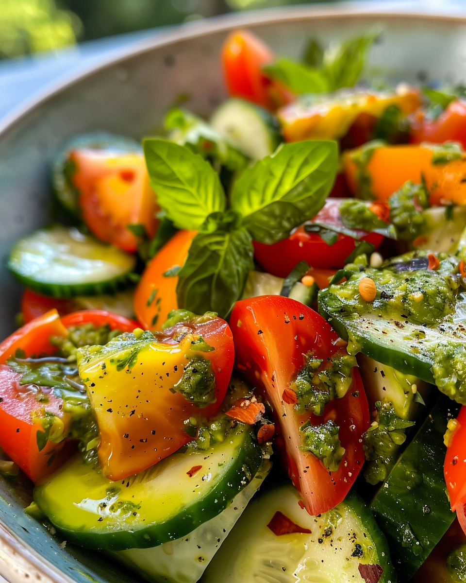 Tomato Cucumber Avocado Salad With Basil Pesto taken with iphone 15 pro max --iw 2 --ar 4:5 --v 6.0 --raw