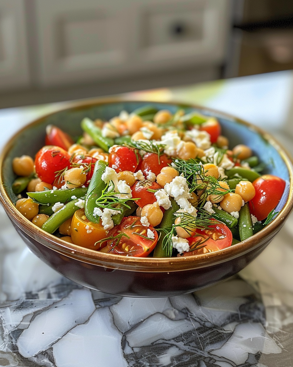 Tomato-Green Bean Salad With Chickpeas Feta And Dill taken with iphone 15 pro max --iw 2 --ar 4:5 --v 6.0 --raw