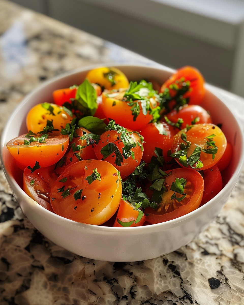 Ingredients for tomato salad including fresh herbs and olive oil