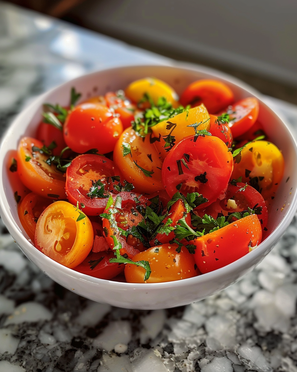 Plated tomato salad ready to enjoy