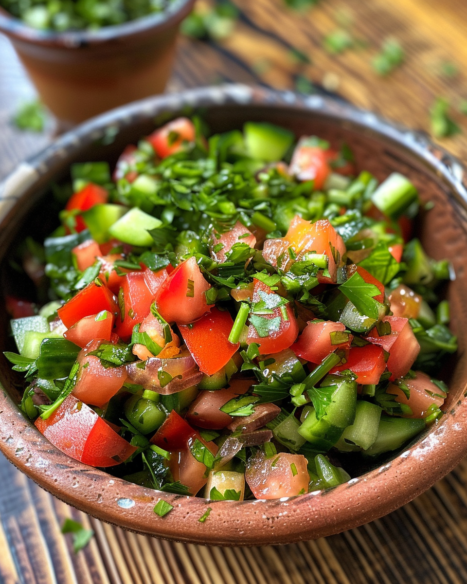 Served Turkish ezme salad garnished with walnuts