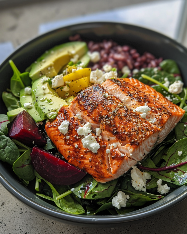 Warm Salmon & Spinach Salad With Roasted Beets Avocado And Feta taken with iphone 15 pro max --iw 2 --ar 4:5 --v 6.0 --raw