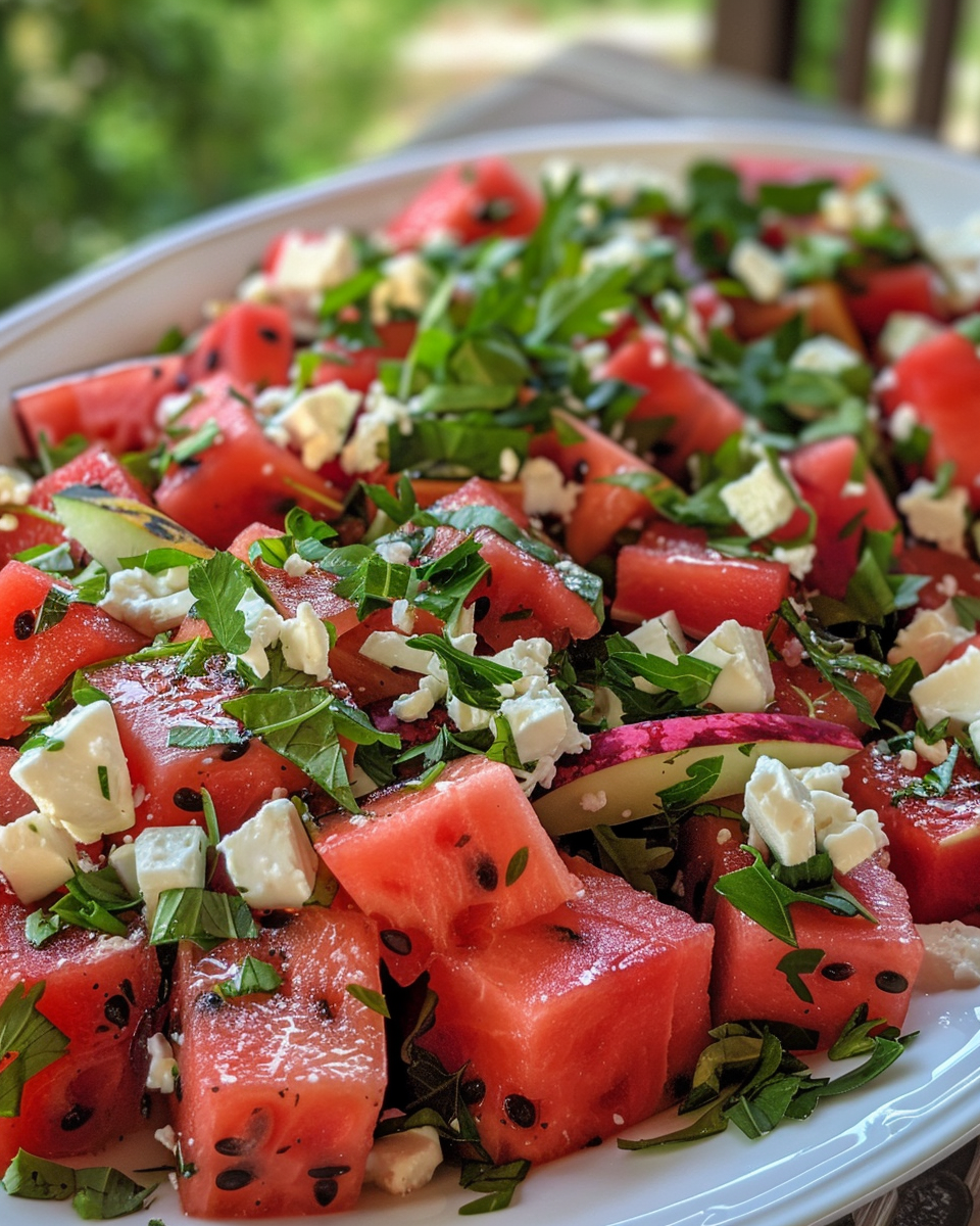 Fresh ingredients including watermelon cubes, cucumber, mint, basil, and feta cheese ready for making salad