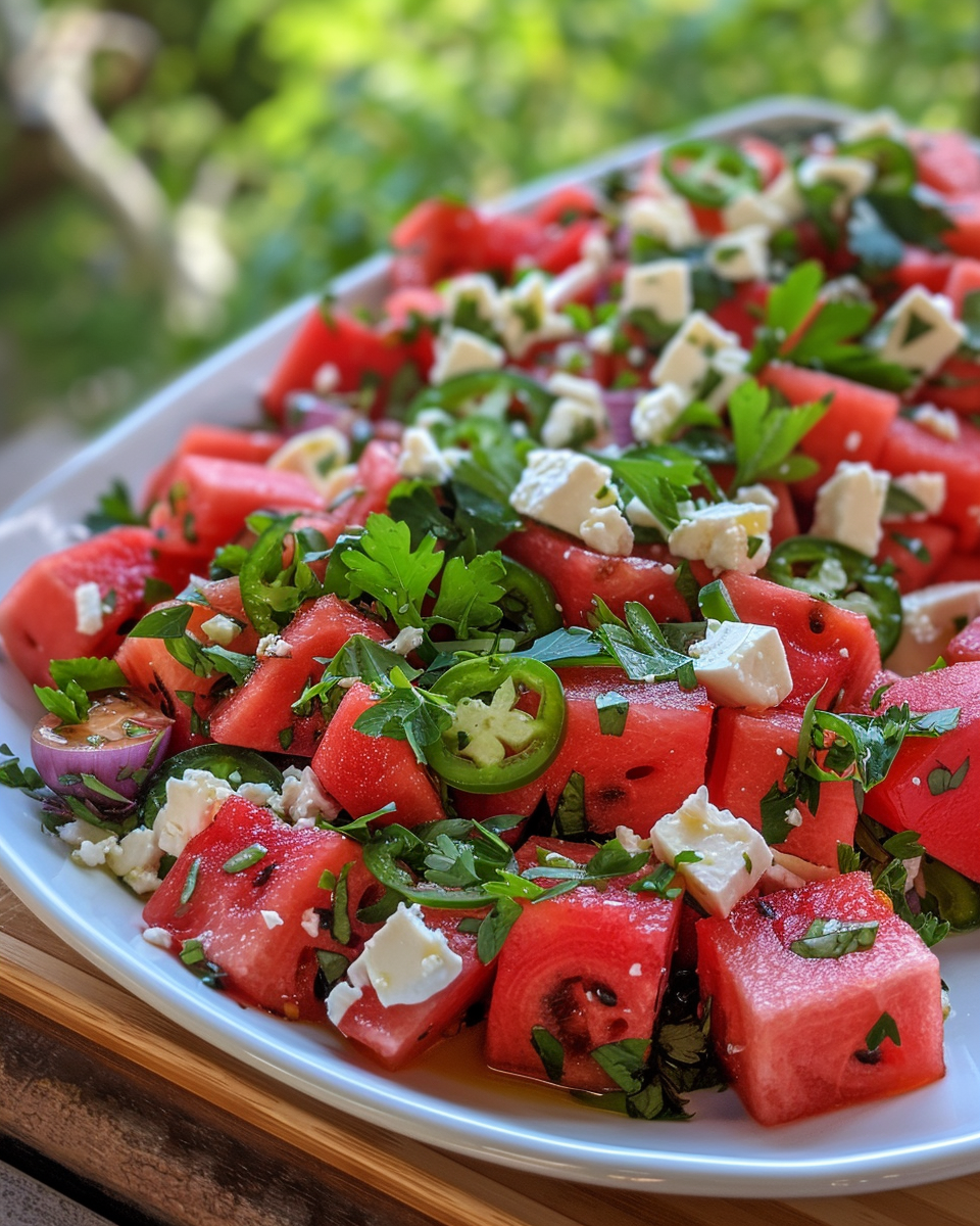 Close-up of finished watermelon salad showcasing fresh ingredients and feta cheese