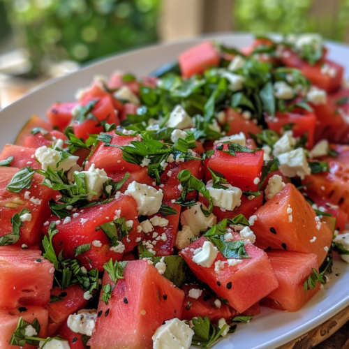Watermelon And Feta Salad taken with iphone 15 pro max --iw 2 --ar 4:5 --v 6.0 --raw